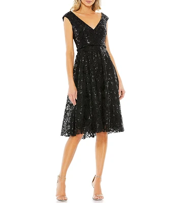 Mac Duggal Sequined V Neck Embroidered Sequin Aline Dress