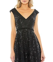 Mac Duggal Sequined V Neck Embroidered Sequin Aline Dress