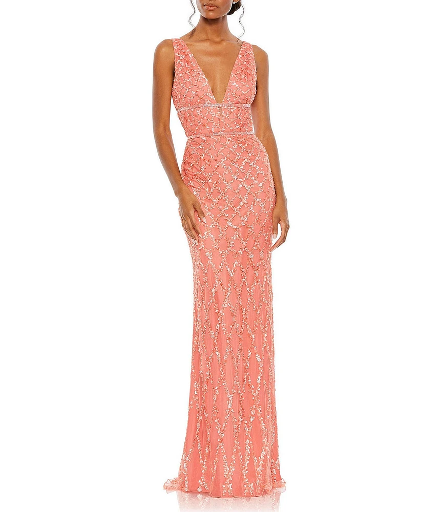Mac Duggal Sequined Deep V-Neck Sleeveless Gown