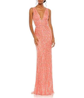 Mac Duggal Sequined Deep V-Neck Sleeveless Gown