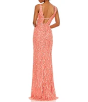 Mac Duggal Sequined Deep V-Neck Sleeveless Gown