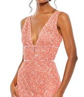 Mac Duggal Sequined Deep V-Neck Sleeveless Gown