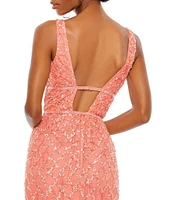 Mac Duggal Sequined Deep V-Neck Sleeveless Gown