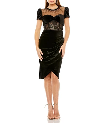 Mac Duggal Sheer Bustier Top Lace Asymmetrical Hemline Dress