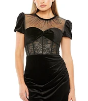 Mac Duggal Sheer Bustier Top Lace Asymmetrical Hemline Dress