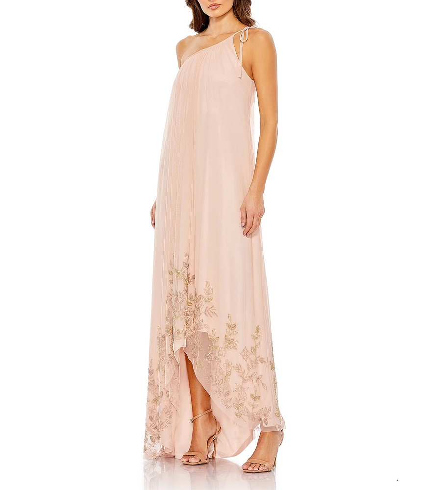 Mac Duggal Sheer Chiffon Beaded One Shoulder Asymmetrical Flowy Caftan Gown