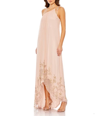 Mac Duggal Sheer Chiffon Beaded One Shoulder Asymmetrical Flowy Caftan Gown