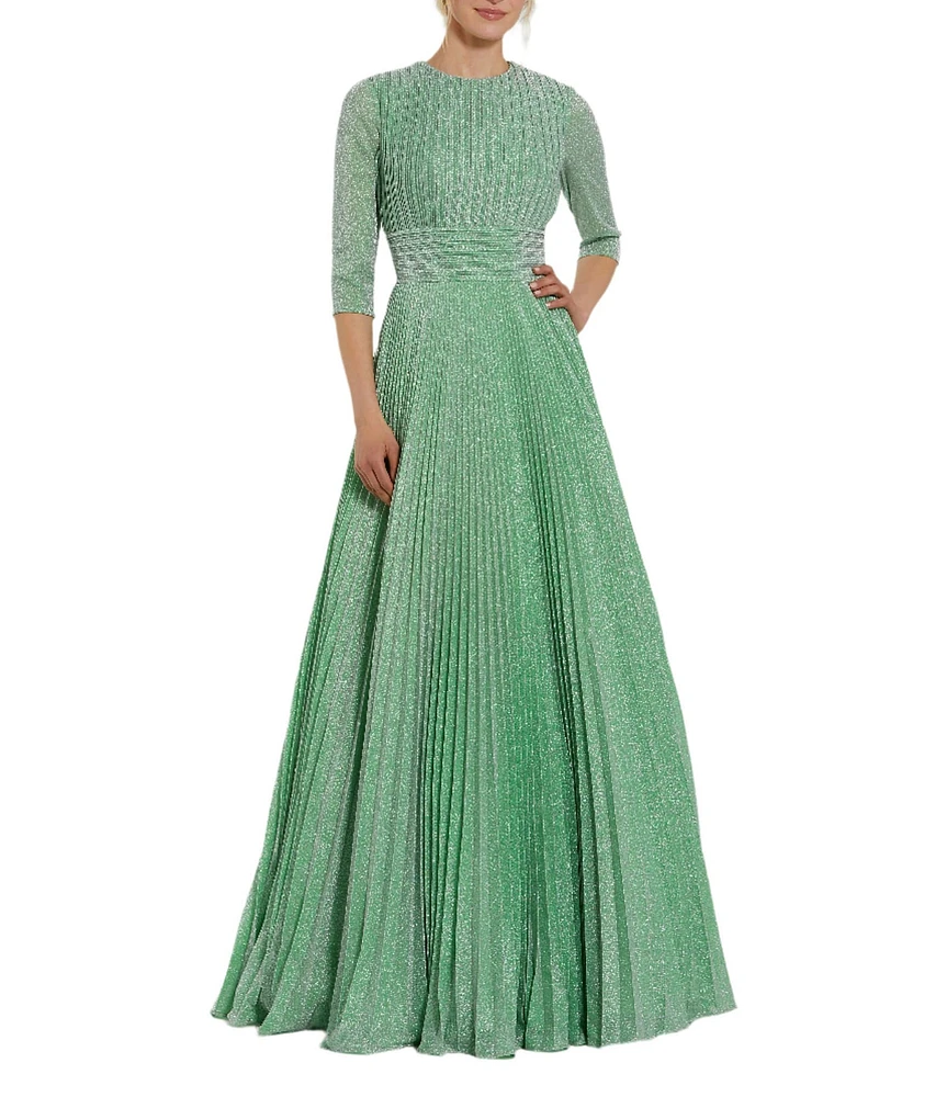 Mac Duggal Shimmer Georgette Crew Neck 3/4 Sleeve Pleated A-Line Gown