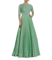 Mac Duggal Shimmer Georgette Crew Neck 3/4 Sleeve Pleated A-Line Gown