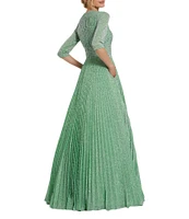 Mac Duggal Shimmer Georgette Crew Neck 3/4 Sleeve Pleated A-Line Gown