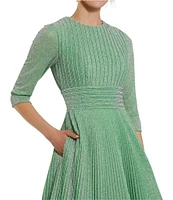 Mac Duggal Shimmer Georgette Crew Neck 3/4 Sleeve Pleated A-Line Gown