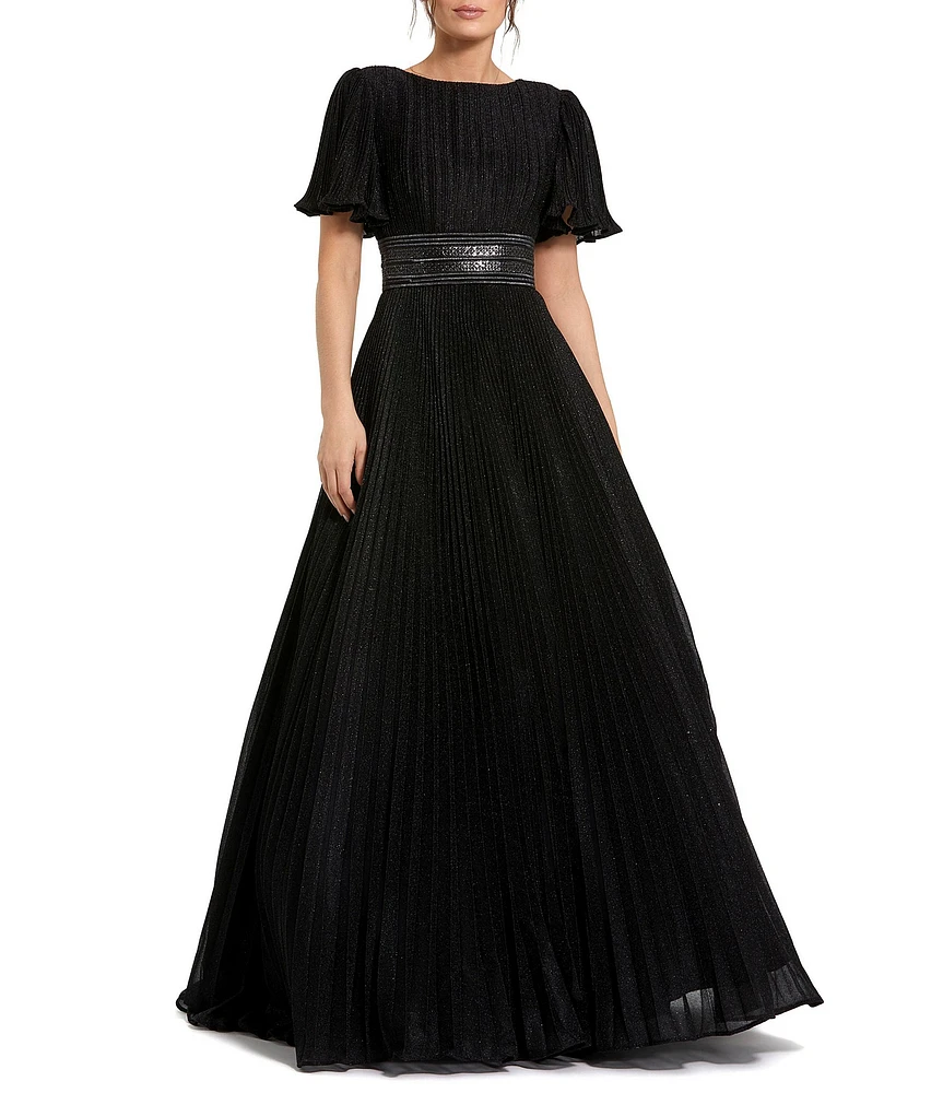 Mac Duggal Shimmer Georgette Pleated Round Neck Short Flutter Sleeve Gown