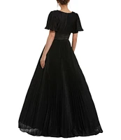 Mac Duggal Shimmer Georgette Pleated Round Neck Short Flutter Sleeve Gown