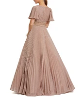 Mac Duggal Shimmer Georgette Pleated Round Neck Short Flutter Sleeve Gown