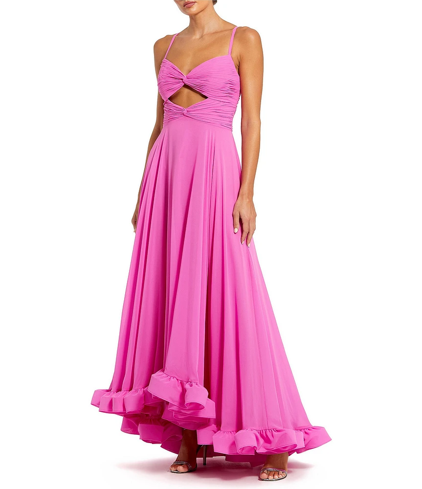 Mac Duggal Shirred Bodice V-Neck Cutout Front Sleeveless Chiffon A-Line Ruffle Hem Gown