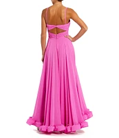 Mac Duggal Shirred Bodice V-Neck Cutout Front Sleeveless Chiffon A-Line Ruffle Hem Gown