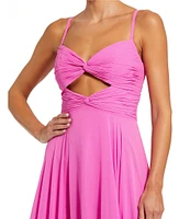 Mac Duggal Shirred Bodice V-Neck Cutout Front Sleeveless Chiffon A-Line Ruffle Hem Gown