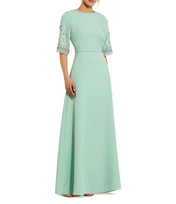 Mac Duggal Short Beaded Sleeve Crepe A-Line Gown