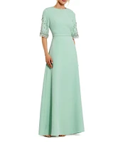 Mac Duggal Short Beaded Sleeve Crepe A-Line Gown