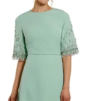 Mac Duggal Short Beaded Sleeve Crepe A-Line Gown