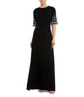 Mac Duggal Short Beaded Sleeve Crepe A-Line Gown