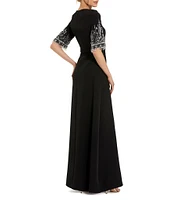 Mac Duggal Short Beaded Sleeve Crepe A-Line Gown