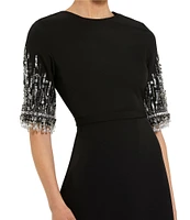 Mac Duggal Short Beaded Sleeve Crepe A-Line Gown
