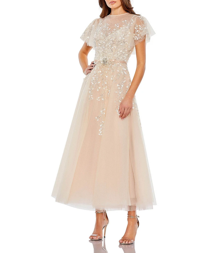 Mac Duggal Short Floral Sleeve Crew Neckline Bow Waist Tulle A-Line Dress