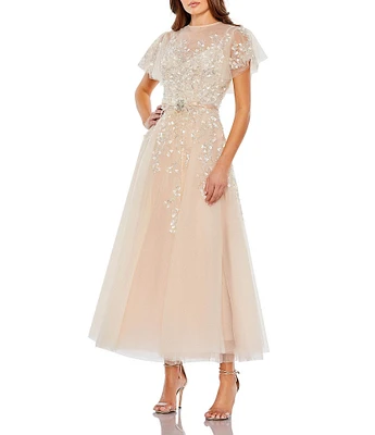 Mac Duggal Short Floral Sleeve Crew Neckline Bow Waist Tulle A-Line Dress