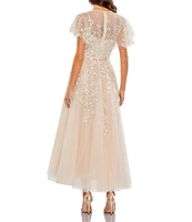 Mac Duggal Short Floral Sleeve Crew Neckline Bow Waist Tulle A-Line Dress
