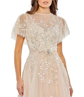 Mac Duggal Short Floral Sleeve Crew Neckline Bow Waist Tulle A-Line Dress