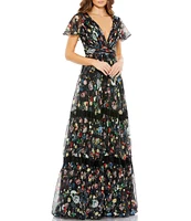 Mac Duggal Floral Print Short Flutter Sleeve Plunge V-Neck Pleated Tiered A-Line Gown