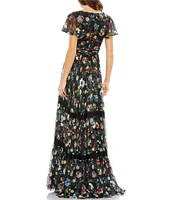 Mac Duggal Floral Print Short Flutter Sleeve Plunge V-Neck Pleated Tiered A-Line Gown