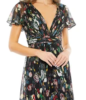 Mac Duggal Floral Print Short Flutter Sleeve Plunge V-Neck Pleated Tiered A-Line Gown