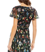 Mac Duggal Floral Print Short Flutter Sleeve Plunge V-Neck Pleated Tiered A-Line Gown