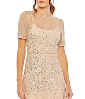 Mac Duggal Short Sleeve Illusion Neck Sequin Embellished A-Line Gown