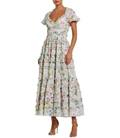 Mac Duggal Short Sleeve Tie Back Micro Ruffle Floral Print Cotton Midi