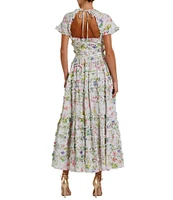 Mac Duggal Short Sleeve Tie Back Micro Ruffle Floral Print Cotton Midi