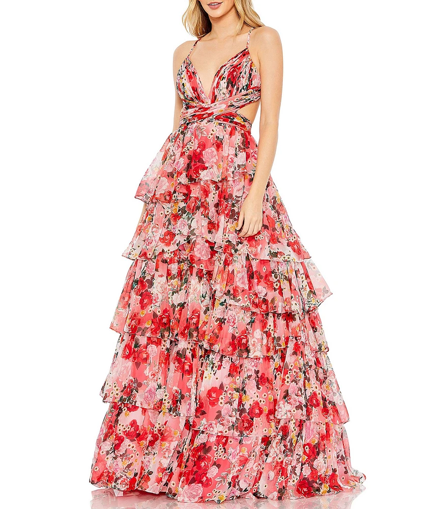 Mac Duggal Side Cut Out Tiered Floral Print Chiffon Ballgown