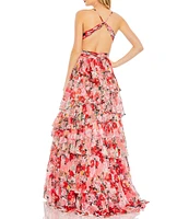 Mac Duggal Side Cut Out Tiered Floral Print Chiffon Ballgown