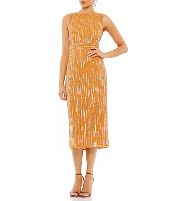 Mac Duggal Sleeveless Abstract Beaded Midi Dress