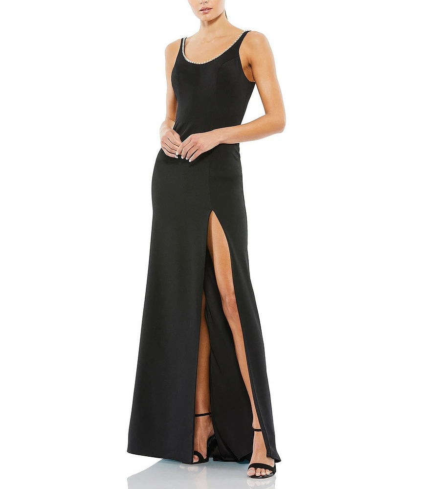 Mac Duggal Sleeveless Beaded Scoop Neck Thigh High Slit Column Gown