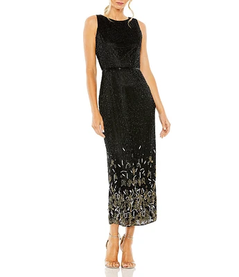 Mac Duggal Sleeveless Crew Neck Beaded Column Dress