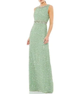 Mac Duggal Sleeveless Crew Neck Beaded Column Gown