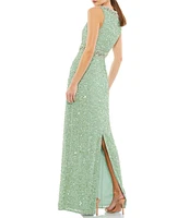 Mac Duggal Sleeveless Crew Neck Beaded Column Gown