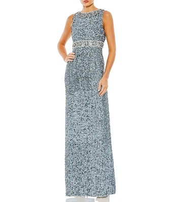 Mac Duggal Sleeveless Crew Neck Beaded Column Gown