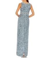 Mac Duggal Sleeveless Crew Neck Beaded Column Gown