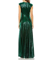 Mac Duggal Sleeveless Deep V-Neck High Slit Metallic Gown