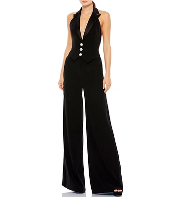 Mac Duggal Sleeveless Deep V-Neck Wide Leg Low Back Detail Tuxedo Jumpsuit