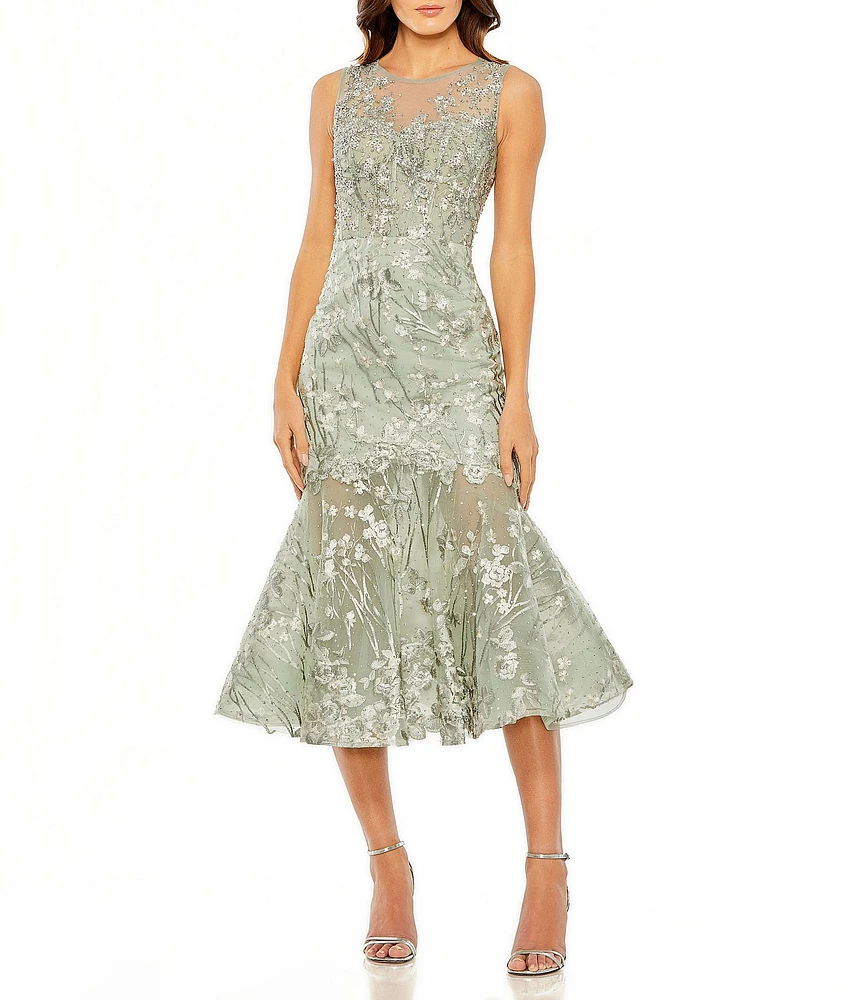 Mac Duggal Sleeveless Embroidered Illusion Ruffle Hem Midi Dress